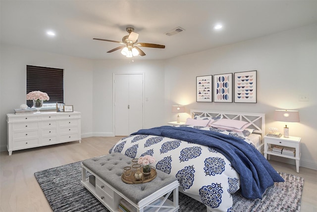 436 Nathan St, Burleson, TX 76028 - bedroom with baseboards, a ceiling fan, light wood-type flooring, and recessed lighting