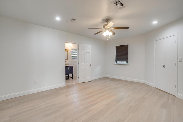 436 Nathan St, Burleson, TX 76028 - unfurnished bedroom featuring light wood-style flooring, baseboards, recessed lighting, ceiling fan, and ensuite bathroom