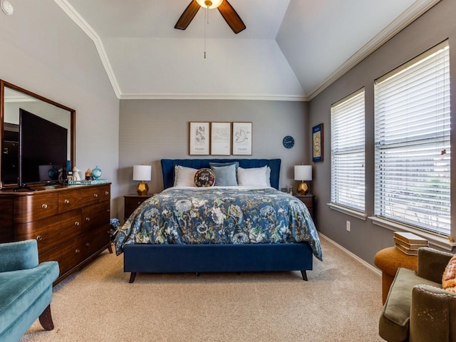 bedroom with baseboards, ornamental molding, a ceiling fan, light carpet, and lofted ceiling