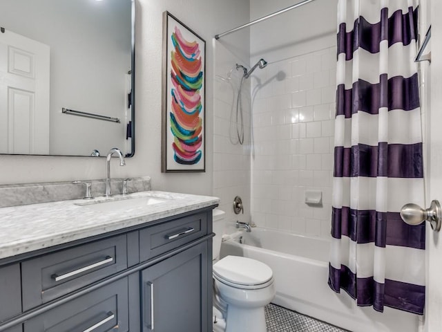 bathroom featuring tile patterned floors, vanity, shower / bath combination with curtain, and toilet