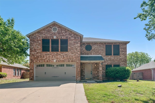 traditional-style house featuring brick siding, driveway, a front lawn, and a garage
