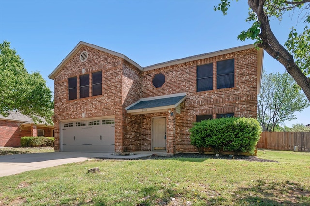 traditional-style house featuring brick siding, fence, and a garage