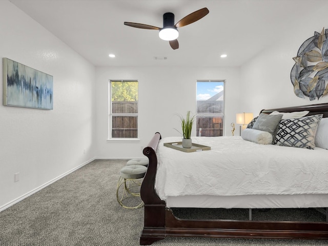 carpeted bedroom with recessed lighting, visible vents, baseboards, and ceiling fan