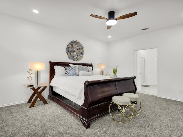 bedroom featuring recessed lighting, visible vents, baseboards, and carpet floors