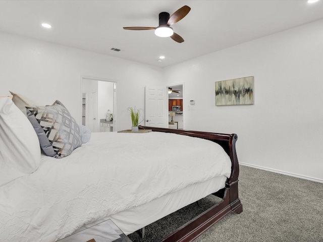 bedroom featuring visible vents, ceiling fan, recessed lighting, and carpet floors
