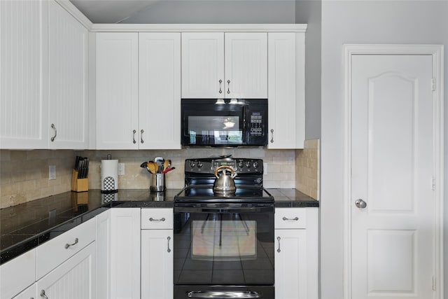 kitchen with white cabinets, tile countertops, black appliances, and decorative backsplash