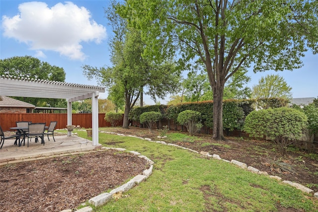 view of yard featuring a fenced backyard, a pergola, and a patio area