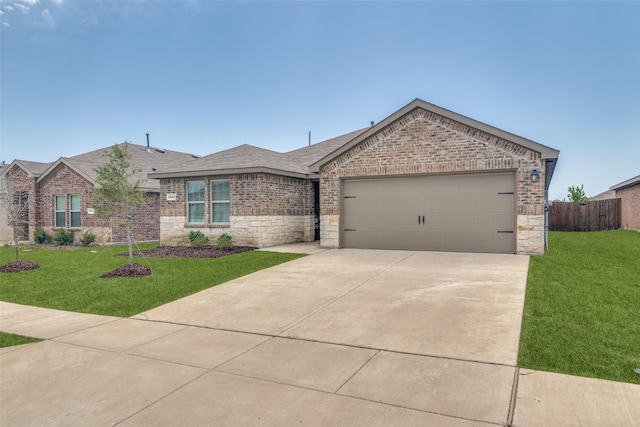 ranch-style house featuring an attached garage, stone siding, concrete driveway, and fence