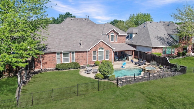 1501 Canyon Creek Dr, Mckinney, TX 75072 - rear view of property with brick siding, a patio, a shingled roof, and a pool with connected hot tub
