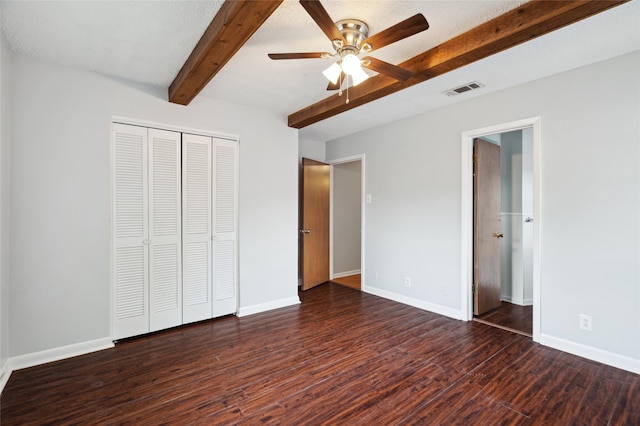 1120 S Valentine Dr, Sherman, TX 75090 - unfurnished bedroom featuring beamed ceiling, wood finished floors, baseboards, a closet, and ceiling fan