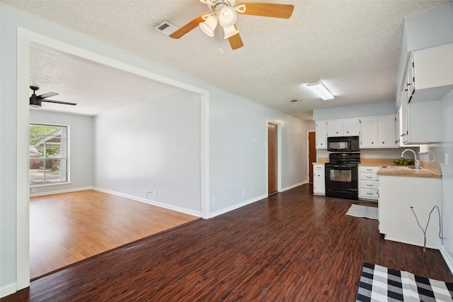 1120 S Valentine Dr, Sherman, TX 75090 - kitchen featuring black appliances, ceiling fan, a textured ceiling, light countertops, and dark wood-style floors