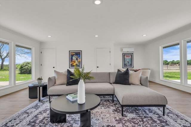 living room with ornamental molding, plenty of natural light, and a wall unit AC