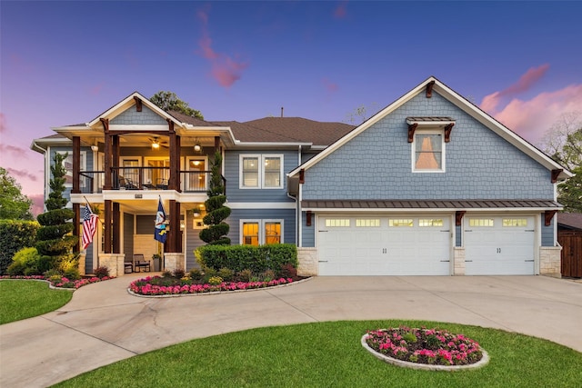 803 Surrey Ln, Grapevine, TX 76051 - craftsman inspired home featuring a standing seam roof, driveway, a balcony, and stone siding