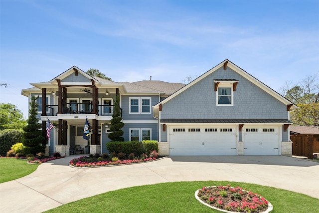 803 Surrey Ln, Grapevine, TX 76051 - craftsman inspired home featuring driveway, a balcony, stone siding, and a front lawn