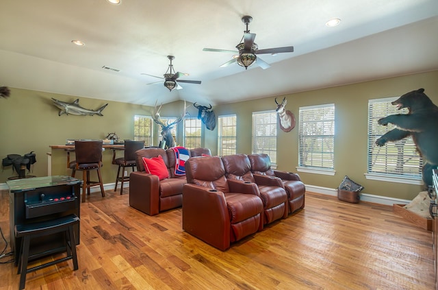 living room featuring baseboards, a ceiling fan, recessed lighting, and light wood finished floors