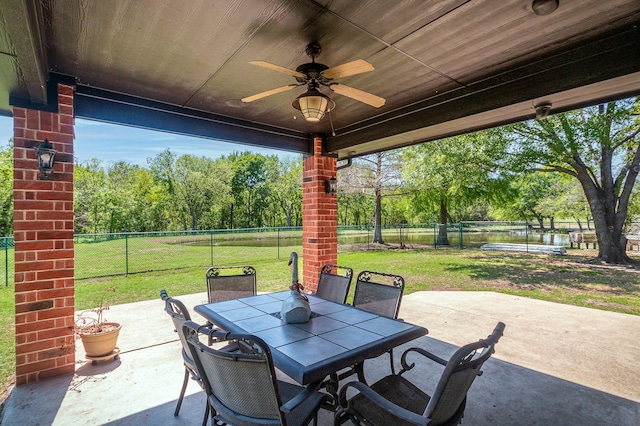 view of patio / terrace featuring outdoor dining space, a fenced backyard, a water view, and a ceiling fan