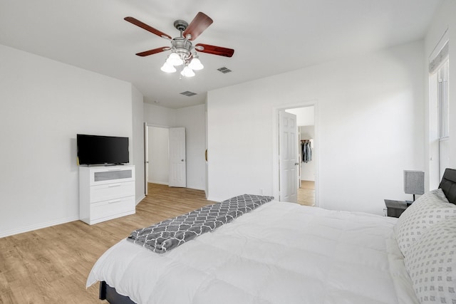 bedroom featuring ceiling fan, light wood finished floors, baseboards, and visible vents