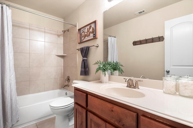 191 Cardiff Ln, Waxahachie, TX 75167 - bathroom with toilet, shower / tub combo, visible vents, tile patterned flooring, and vanity