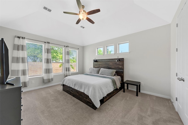 bedroom with visible vents, baseboards, vaulted ceiling, and carpet floors