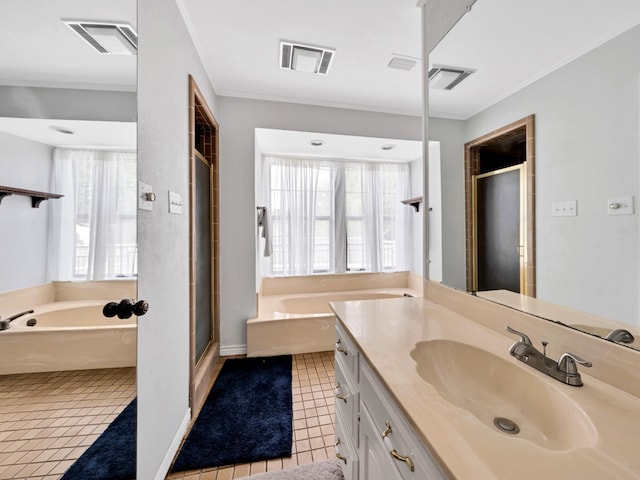 1770 Plummer Dr, Rockwall, TX 75087 - full bath with vanity, a garden tub, a shower stall, tile patterned floors, and ornamental molding