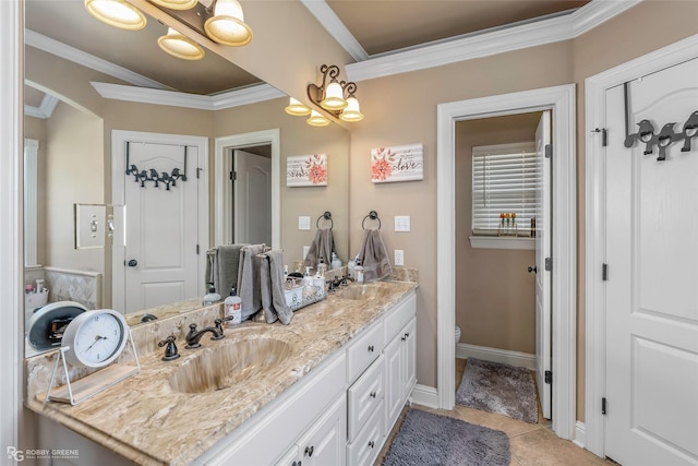 306 N Hampton St, Haughton, LA 71037 - bathroom featuring double vanity, toilet, ornamental molding, tile patterned flooring, and baseboards