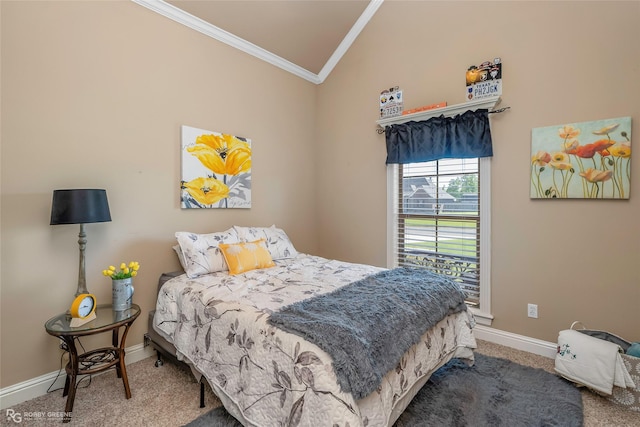 306 N Hampton St, Haughton, LA 71037 - bedroom featuring crown molding, vaulted ceiling, carpet flooring, and baseboards