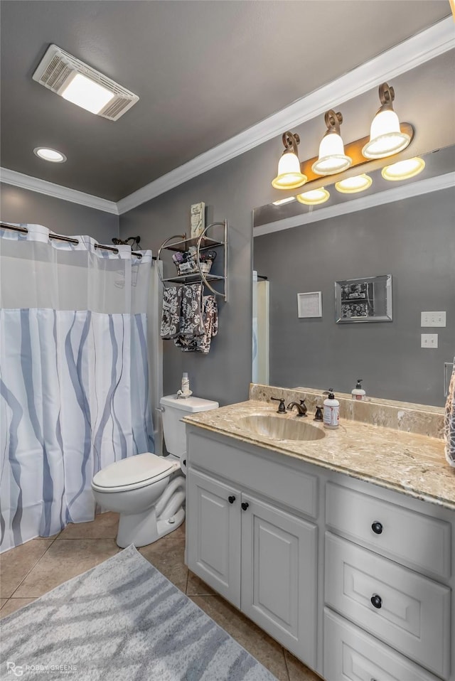 306 N Hampton St, Haughton, LA 71037 - bathroom with tile patterned flooring, vanity, crown molding, toilet, and a shower with curtain