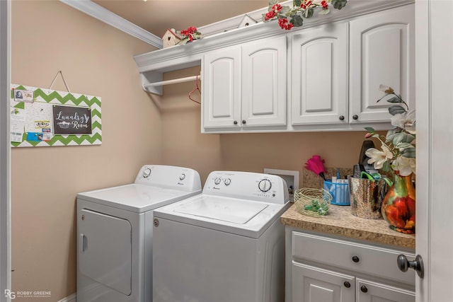 306 N Hampton St, Haughton, LA 71037 - laundry room featuring washer and dryer, cabinet space, and ornamental molding