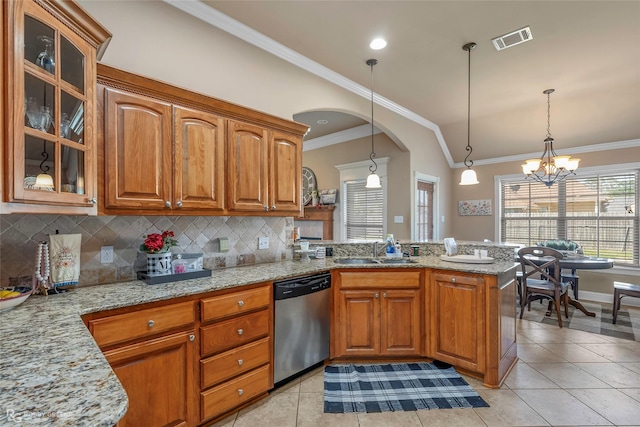 306 N Hampton St, Haughton, LA 71037 - kitchen featuring dishwasher, a sink, ornamental molding, arched walkways, and tasteful backsplash