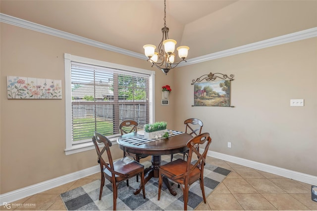 306 N Hampton St, Haughton, LA 71037 - dining space featuring a chandelier, light tile patterned flooring, ornamental molding, baseboards, and vaulted ceiling