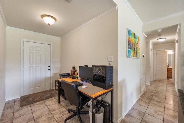 office space featuring baseboards, ornamental molding, visible vents, and light tile patterned flooring