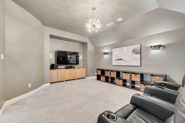 3101 Twin Eagles Dr, Celina, TX 75009 - cinema with an inviting chandelier, visible vents, light carpet, lofted ceiling, and baseboards