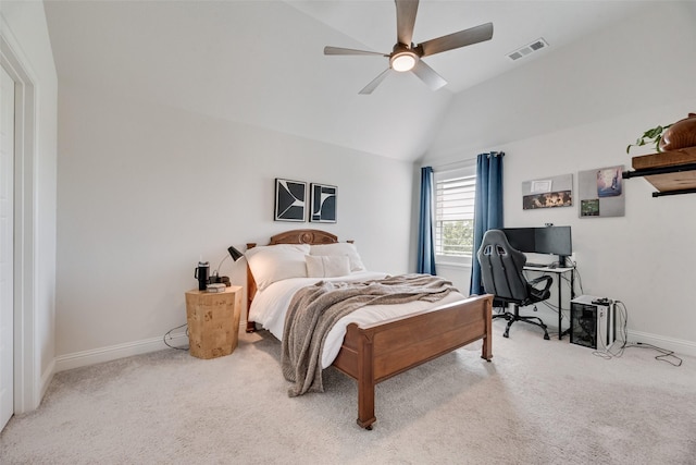 3101 Twin Eagles Dr, Celina, TX 75009 - bedroom with visible vents, baseboards, a ceiling fan, vaulted ceiling, and light colored carpet
