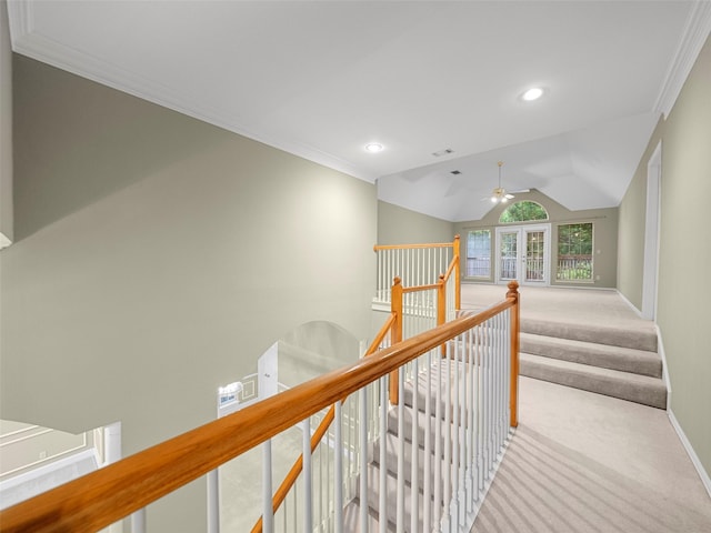 1213 Hills Creek Dr, Mckinney, TX 75072 - corridor with carpet floors, an upstairs landing, baseboards, lofted ceiling, and recessed lighting