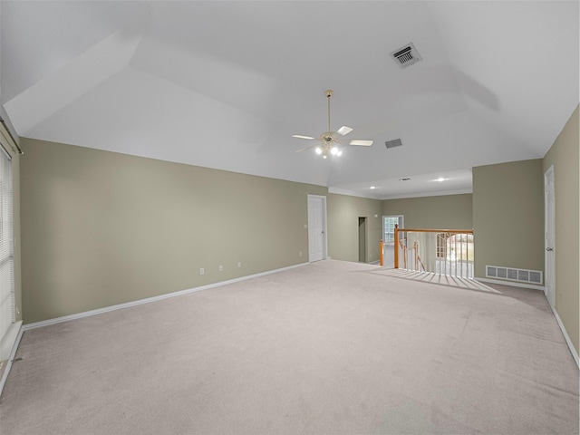 1213 Hills Creek Dr, Mckinney, TX 75072 - carpeted empty room featuring ceiling fan, lofted ceiling, baseboards, and crown molding