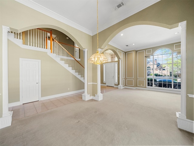 1213 Hills Creek Dr, Mckinney, TX 75072 - unfurnished living room featuring carpet, a chandelier, crown molding, ornate columns, and recessed lighting