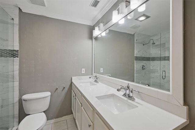 1951 Pin Oak Dr, Flower Mound, TX 75028 - bathroom featuring a shower stall, toilet, ornamental molding, double vanity, and tile patterned flooring