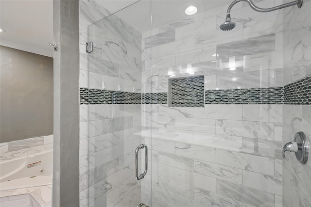 1951 Pin Oak Dr, Flower Mound, TX 75028 - bathroom featuring a shower stall, a tub with jets, ornamental molding, and recessed lighting
