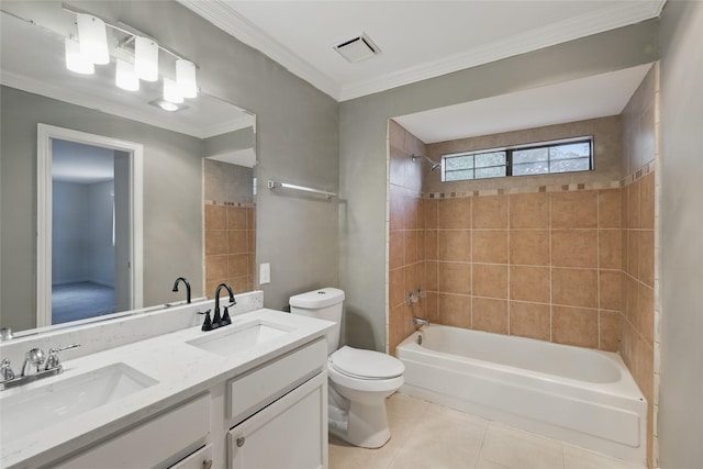 1951 Pin Oak Dr, Flower Mound, TX 75028 - bathroom with tile patterned floors, toilet, shower / bathtub combination, double vanity, and ornamental molding