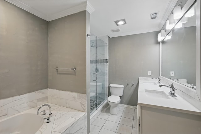 1951 Pin Oak Dr, Flower Mound, TX 75028 - bathroom featuring toilet, a shower stall, a bath, crown molding, and double vanity