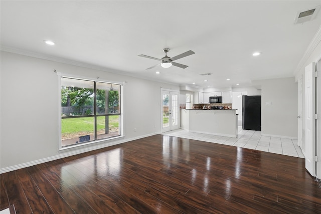 1951 Pin Oak Dr, Flower Mound, TX 75028 - unfurnished living room with light wood-type flooring, ceiling fan, crown molding, baseboards, and recessed lighting