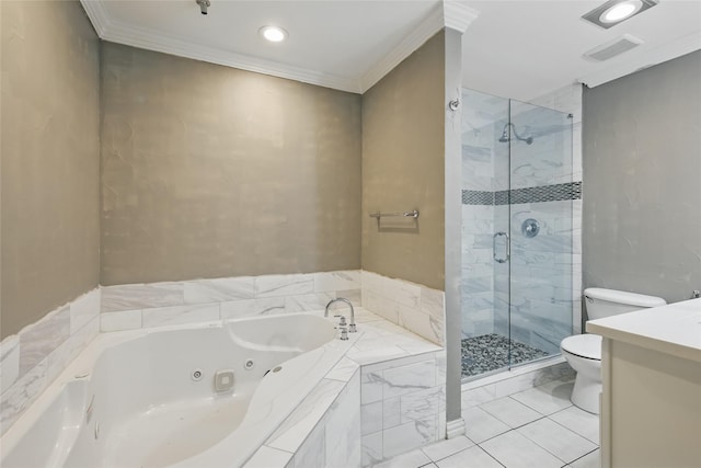 1951 Pin Oak Dr, Flower Mound, TX 75028 - full bath featuring toilet, a stall shower, a whirlpool tub, ornamental molding, and vanity