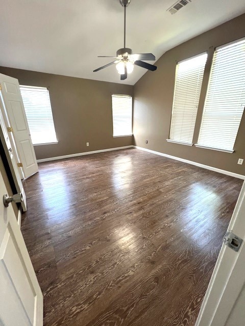 518 Lonestar Park Ln, Ponder, TX 76259 - spare room featuring visible vents, wood finished floors, ceiling fan, and vaulted ceiling