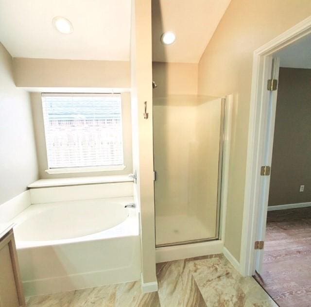 518 Lonestar Park Ln, Ponder, TX 76259 - bathroom featuring a bath, a stall shower, and recessed lighting