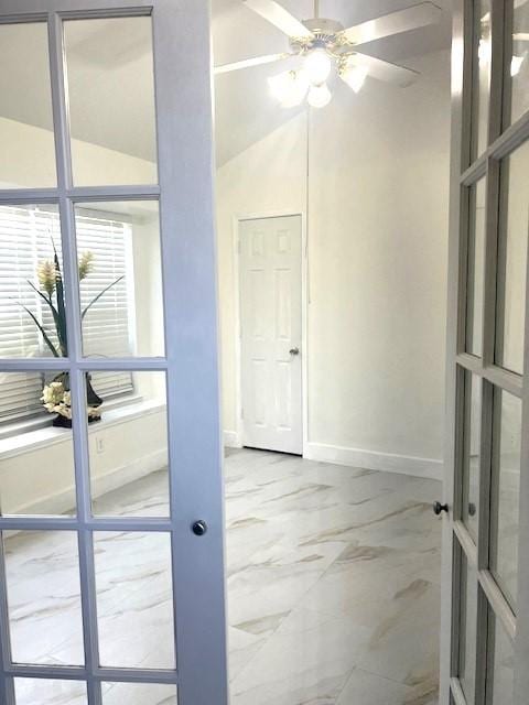 518 Lonestar Park Ln, Ponder, TX 76259 - spare room with ceiling fan, marble finish floors, and lofted ceiling