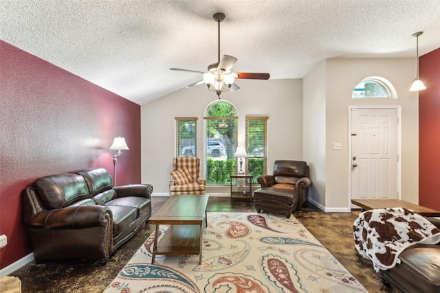 living room with lofted ceiling, baseboards, a textured ceiling, and ceiling fan