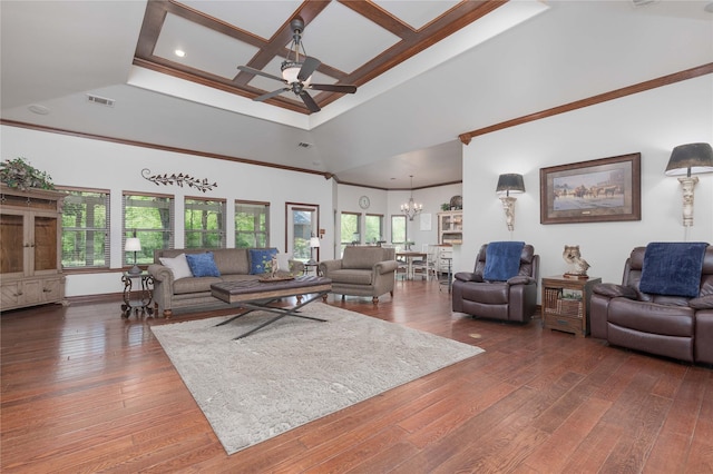 10248 N Poetry Ln, Terrell, TX 75160 - living room featuring visible vents, crown molding, a towering ceiling, ceiling fan with notable chandelier, and wood-type flooring