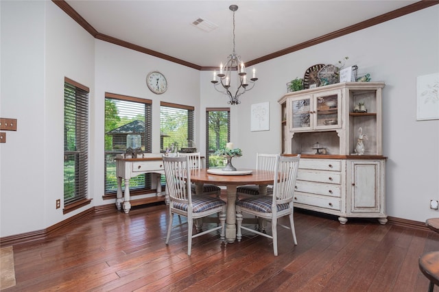 10248 N Poetry Ln, Terrell, TX 75160 - dining room featuring crown molding, visible vents, dark wood-style flooring, baseboards, and a notable chandelier