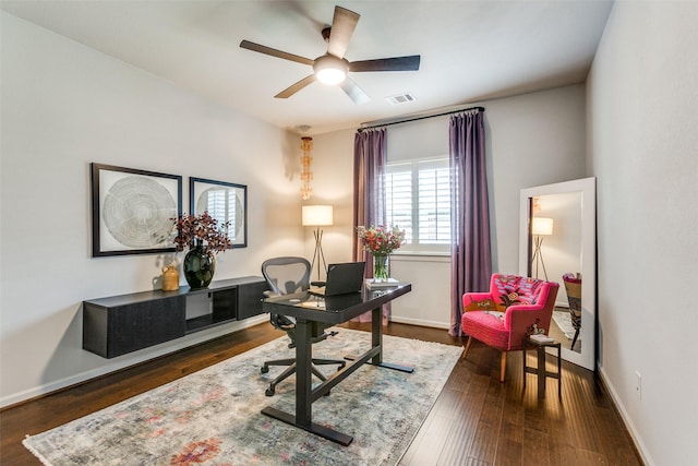 office with visible vents, ceiling fan, baseboards, and dark wood finished floors