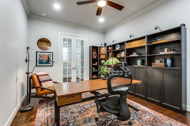 office area with baseboards, french doors, a ceiling fan, crown molding, and dark wood-type flooring